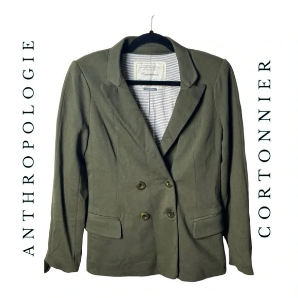 0437. ANTHROPOLOGIE CORTONNIER‎ HUNTER GREEN BLAZER LONG SLEEVES SHOULDER PADS - Picture 1 of 11